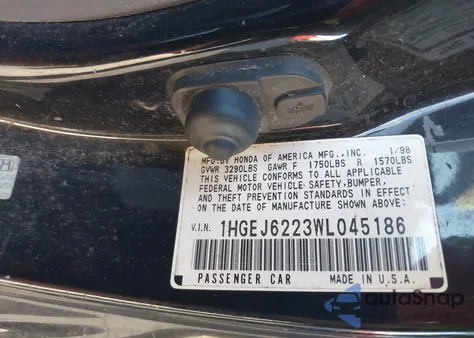 1998 Honda Civic Dx из США, поврежденный, VIN 1HGEJ6223WL045186